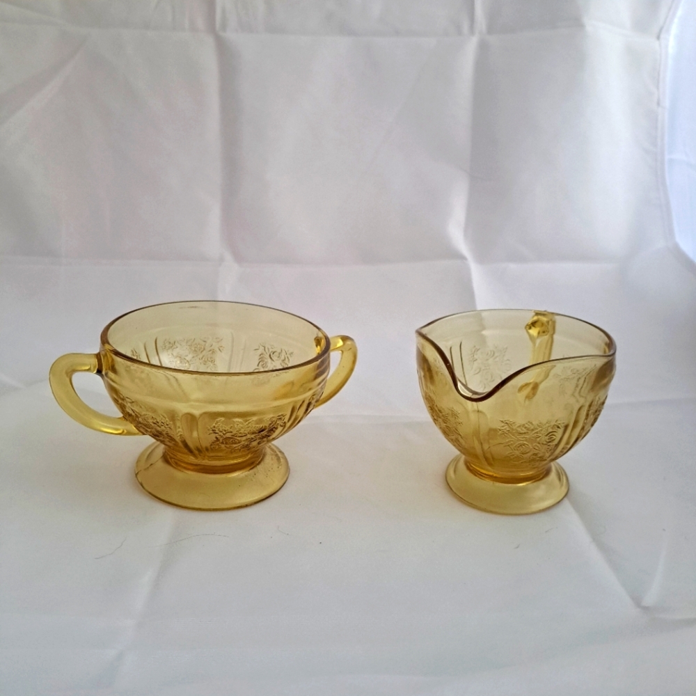 Vintage Federal Glass Sharon Cabbage Rose Creamer and Sugar Set